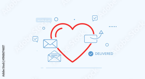 Love message concept, heart icon with email and chat bubbles, communication symbol