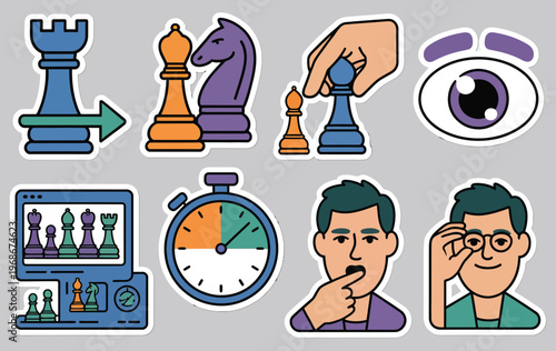 Colorful chess scene stickers with emoji faces, game strategy elements, playful modern design