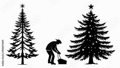 Christmas tree icons isolated on white background. Black vector silhouettes of christmas trees with a stars at the top. stock illustration .vector
