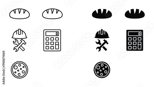 A collection of black and white icons representing construction and engineering tools