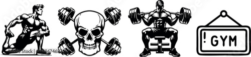 A set of four black and white fitness-themed illustrations isolated on a white background. The collection features a muscular athlete performing a leg stretch, a hardcore gym logo with a skull and cro