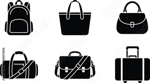 A collection of simple white line drawings showing different types of bags like a backpack and a suitcase on a white background