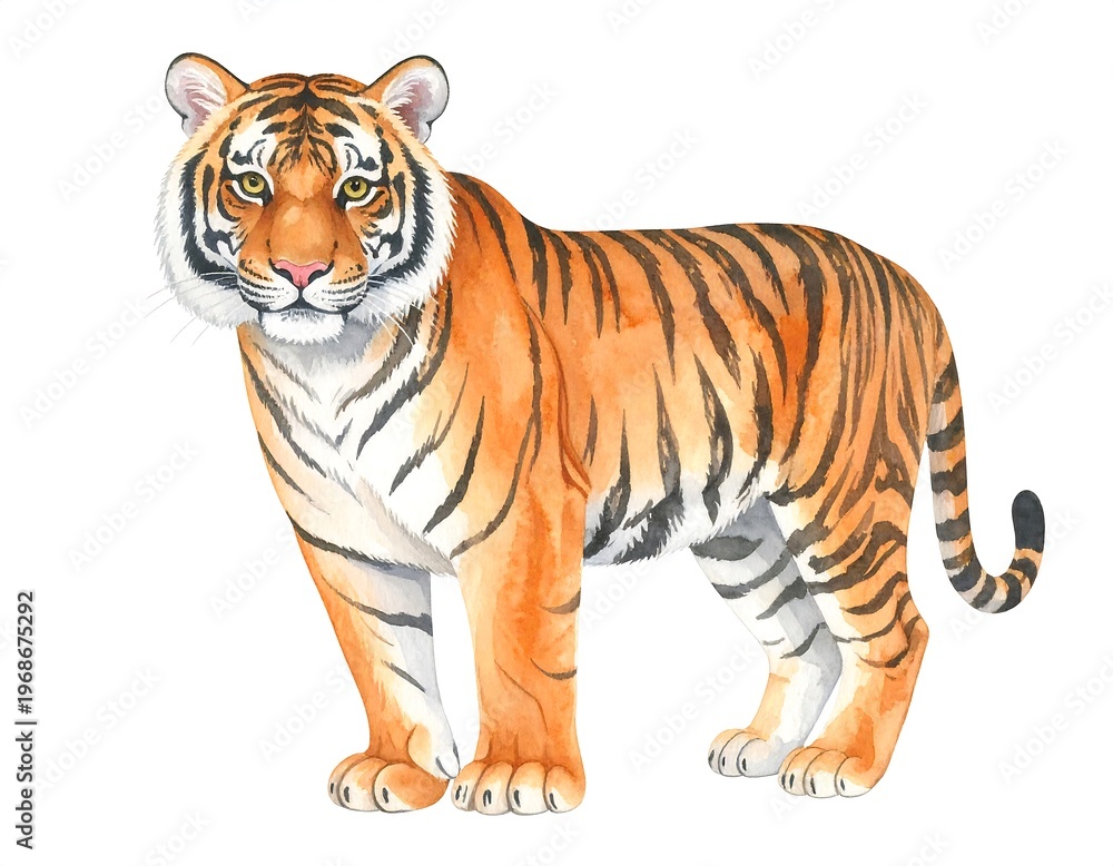Fototapeta premium Watercolor painting of a majestic tiger with distinctive orange and black stripes.