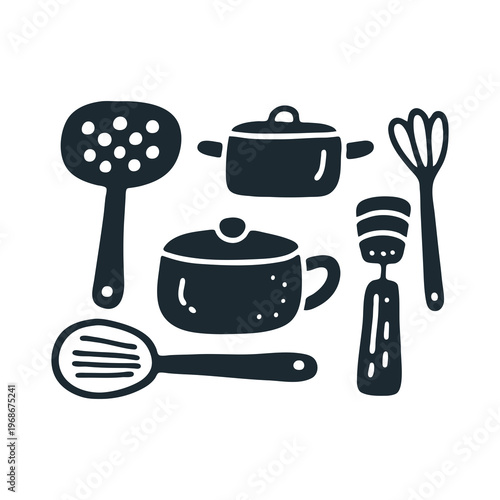 Kitchen utensils. Black and white naive doodle illustration.