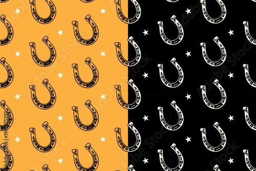 Horseshoe minimal hand drawn pattern background for luck themed. Lucky horseshoe vintage seamless pattern for western and rustic decor. Metal horseshoe retro repeat background for good fortune
