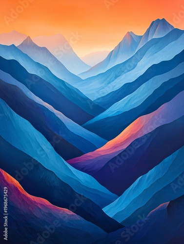 Vibrant Colorful Mountain Landscape at Sunset with Deep Blue Valleys