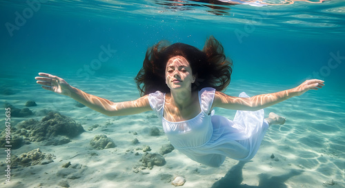 Serene woman in white dress gracefully floats underwater surrounded by clear turquoise water and sandy seabed
