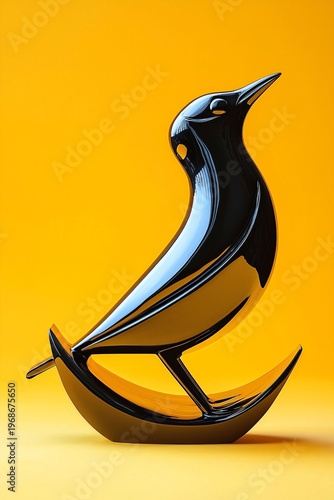 Elegant Black Bird Sculpture with Vibrant Yellow Background