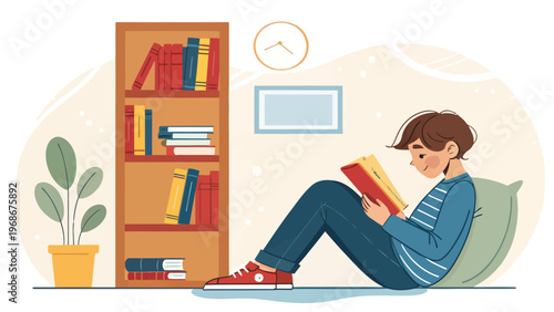 Young boy reading book while sitting on floor leaning against green bean bag chair next to wooden bookshelf with colorful books and potted plant in cozy home environment