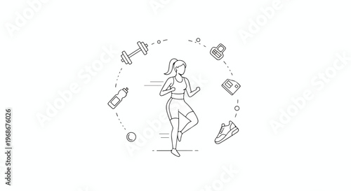 Minimalist Fitness Vector Illustration of a Woman Running with Workout Icons on White Background