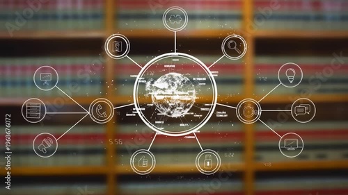 Animation of network of connections with icons and business text over library
