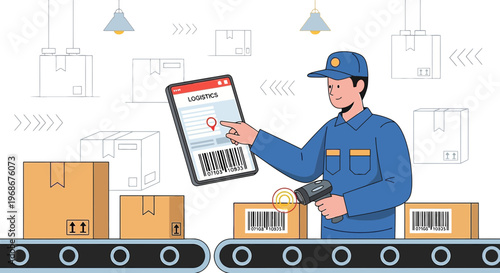 Logistics worker scanning barcode on package at warehouse conveyor belt