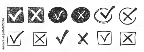 Check mark crayon scribble doodle, chalk texture, checkmark and red cross icon set, circle and square. Tick symbol. sketch checkboxes.