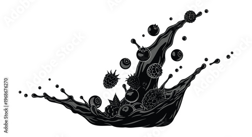 A dynamic splash of dark berries including blackberries and blueberries rendered in a striking black silhouette high quality professional detailed modern
