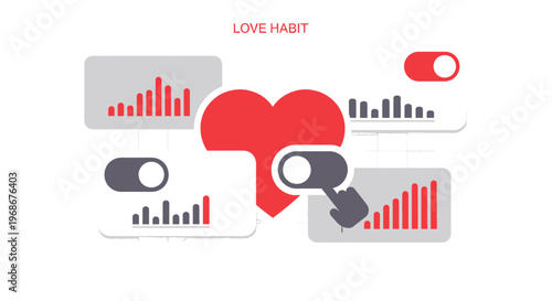 Love Habit Concept: Heart Icon with Data Graphs and Toggle Switches