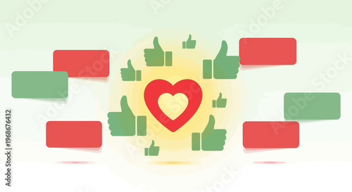 Love Heart Icon Surrounded by Thumbs Up Likes and Social Media Buttons
