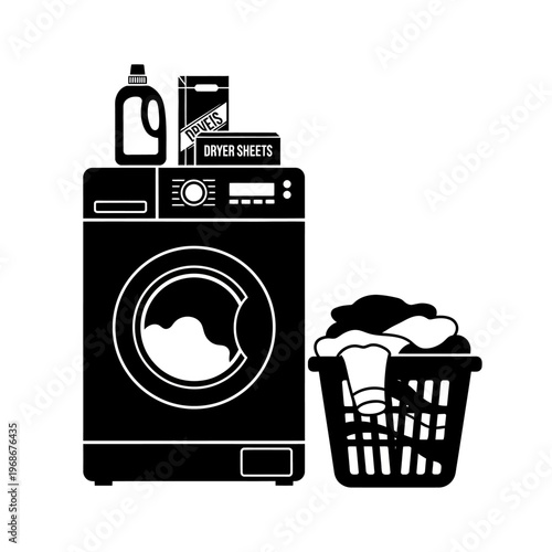 Washing Machine, Laundry Basket, Detergent, Dryer Sheets - Clean Clothes Concept