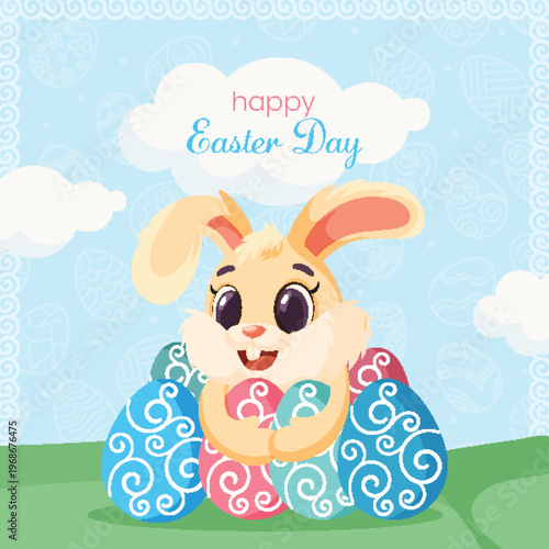 A cheerful vector illustration featuring a happy rabbit sitting in green grass with colorful decorated eggs against a cloudy blue sky. Ideal for Easter holiday cards and social media posts.