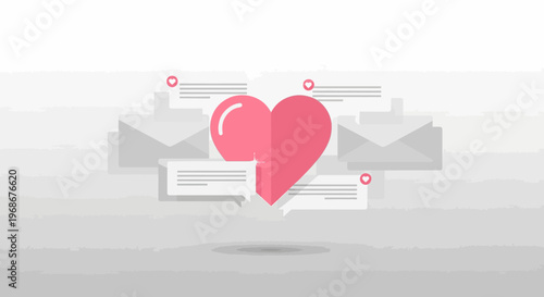 Love Letter Concept: Heart Icon with Envelopes and Chat Bubbles