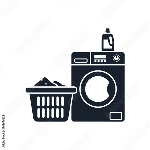 Laundry Basket, Washing Machine, Detergent Bottle Icon Set - Clean Clothes Concept