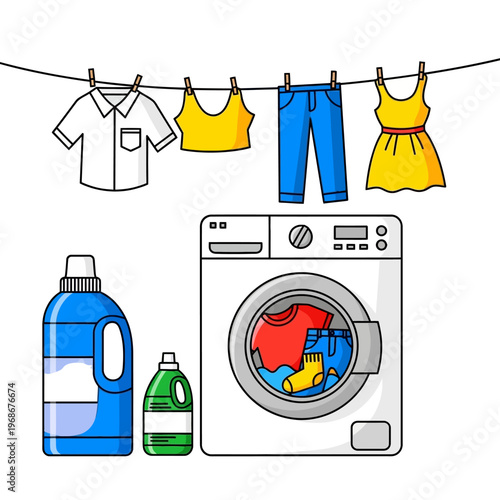 Laundry day: clothes drying on line, washing machine, detergent bottles, clean garments