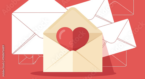 Love Letter Envelope with Red Heart Icon, Valentine's Day Communication Concept