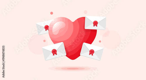 Love Letters Heart and Mail Envelopes with Red Seal - Romantic Communication Concept