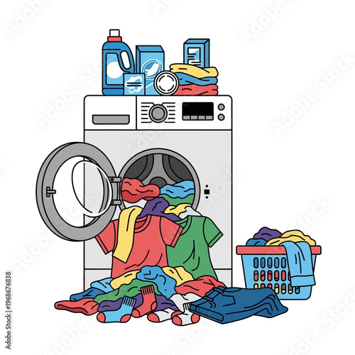 Laundry day: overflowing washing machine, basket, and detergent bottles
