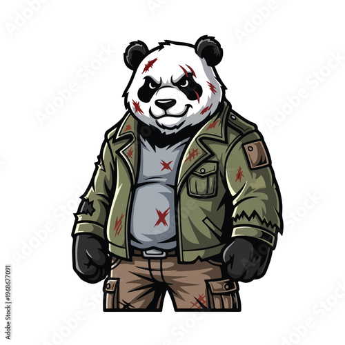 A menacing cartoon panda character, depicted as a zombie or monster with blood spatters on its ripped clothing and aggressive expression, stands against a stark white background