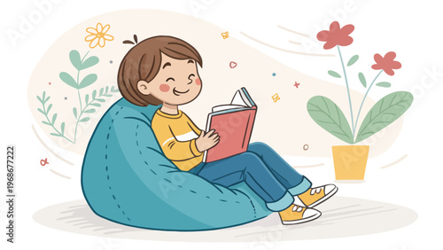 Smiling child sitting on a blue bean bag chair reading a book happily indoors with flowers