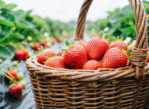 close-up of the wicker basket and the strawberries