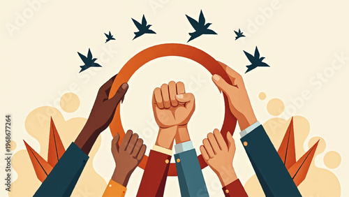 Diverse hands holding orange ribbon, unity and solidarity concept, social movement, equality and freedom icons