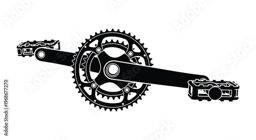 A detailed black and white illustration depicting bicycle components including a crankset and pedals in silhouette high quality professional modern elegant