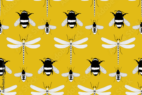 Seamless summer pattern with winged insects - a bumblebee, a dragonfly and a wasp on a yellow background for Nature Posters, Prints, Textile Fabric and Wallpaper Design