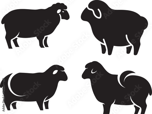 Sheep and Ram Silhouette Vector Set - Black Farm Animal Collection with Curved and Straight Horns