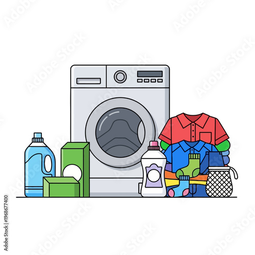 Laundry Supplies and Washing Machine: Clean Clothes, Detergent, and Fabric Softener