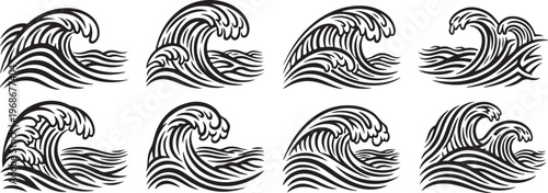 Intricate black and white line art patterns of intertwined swirls and waves Vector