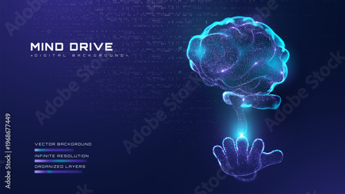 Abstract technology background showing digital brain hologram over hand. Modern data transformation concept with glowing neon binary code. Vector illustration.