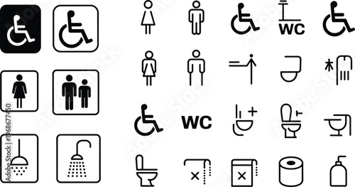 Accessibility and Restroom Line Icon Vector Set with Disabled Symbols, Wheelchair Signs, WC Bathroom Facilities and Inclusive Design Collection