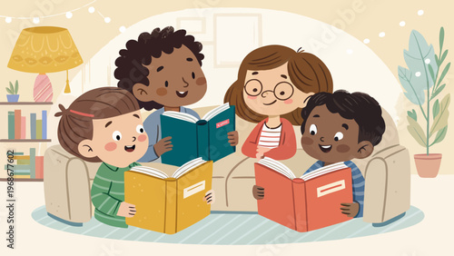Diverse children reading together on a couch representing inclusion and friendship in a cozy home environment with books and plants