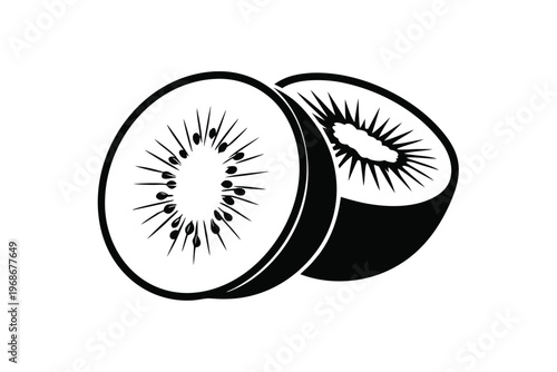 Simple black and white vector silhouette of a sliced kiwi fruit with skin, for health.