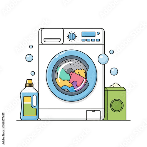 Washing Machine with Colorful Clothes, Detergent Bottle, and Powder Box - Laundry Day Concept