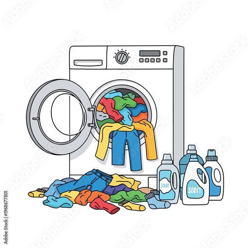 Washing Machine With Laundry and Detergent Bottles, Household Chore, Clean Clothes