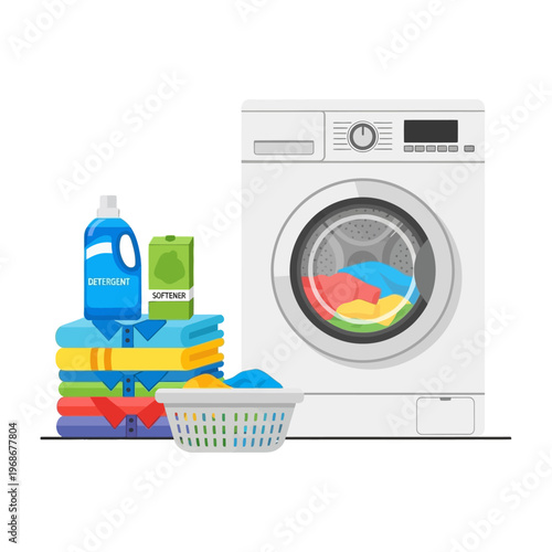 Washing Machine with Laundry Basket, Detergent, and Stacked Clothes