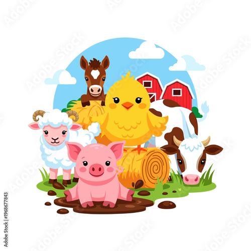 Cute Farm Animals Cartoon Collection: Pig, Chick, Horse, Sheep, Cow on Sunny Day