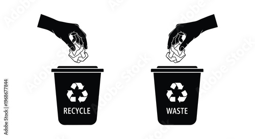 Two black containers labeled recycle and waste have crumpled paper being dropped into them a stark silhouette high quality professional detailed