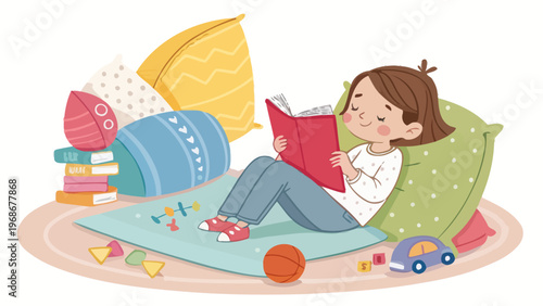 Relaxed young girl reading book surrounded by colorful pillows and toys on the floor in a cozy room