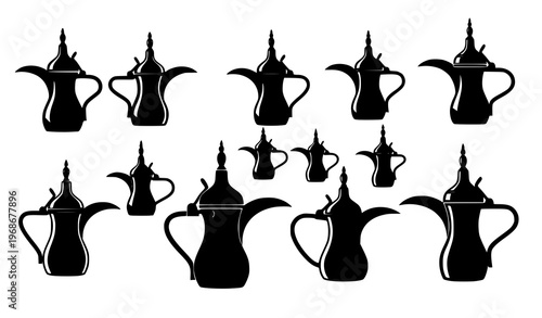 A set of black silhouettes of Arabic coffee pots on a white background