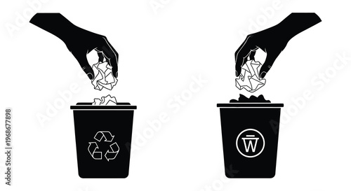 Two hands depicted in black are dropping crumpled paper into recycling bins showcasing waste disposal silhouette high quality professional detailed