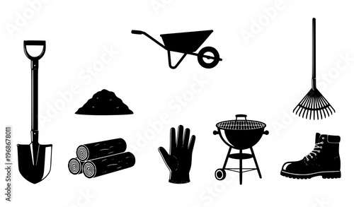 A set of gardening and yard work icons in a flat black silhouette style
